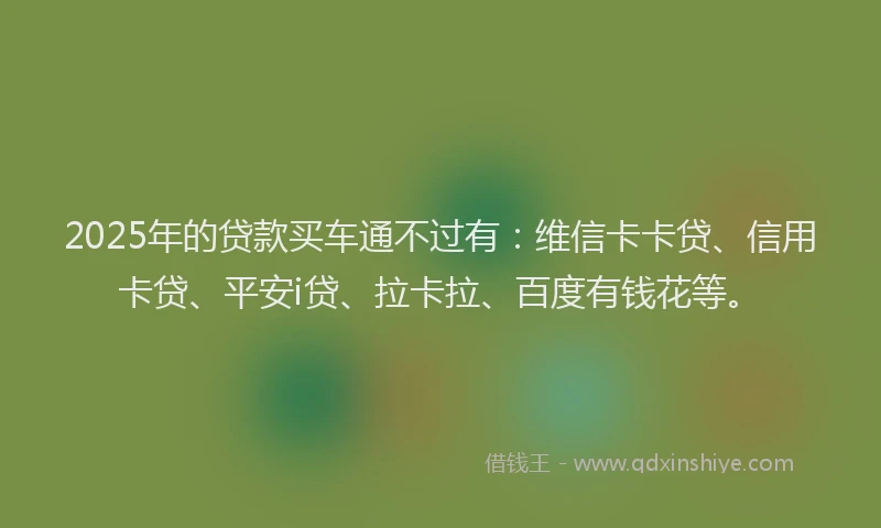 2025年的贷款买车通不过有：维信卡卡贷、信用卡贷、平安i贷、拉卡拉、百度有钱花等。