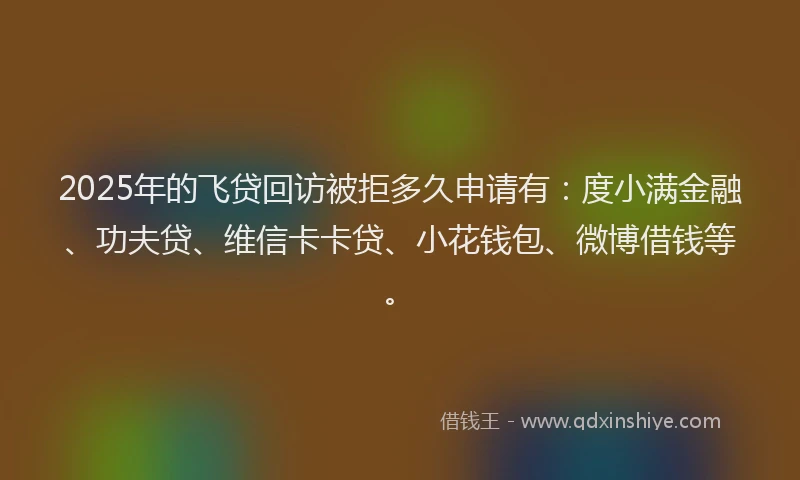 2025年的飞贷回访被拒多久申请有：度小满金融、功夫贷、维信卡卡贷、小花钱包、微博借钱等。