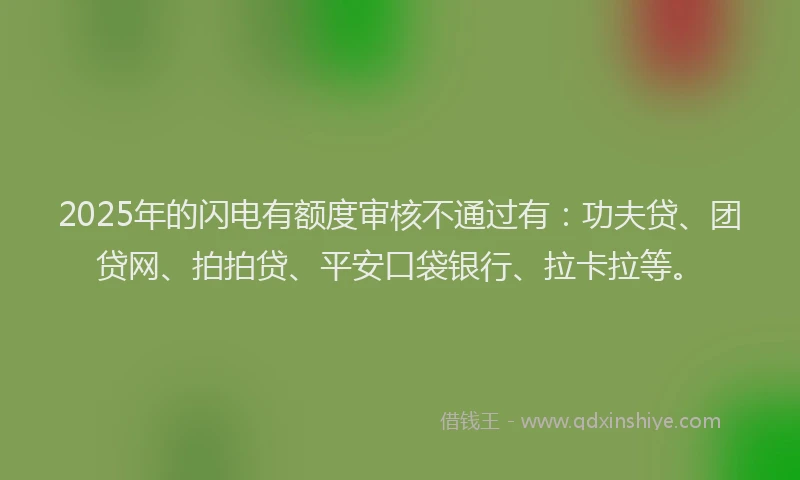 2025年的闪电有额度审核不通过有：功夫贷、团贷网、拍拍贷、平安口袋银行、拉卡拉等。