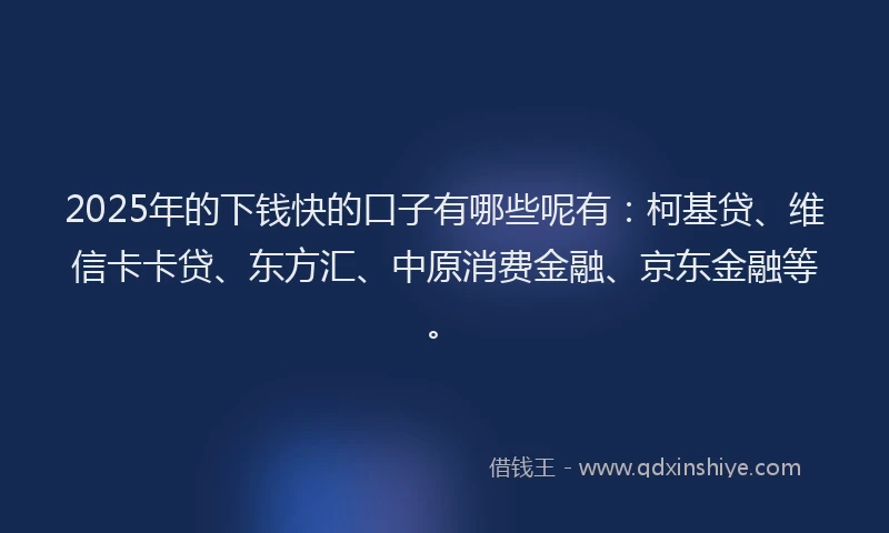 2025年的下钱快的口子有哪些呢有：柯基贷、维信卡卡贷、东方汇、中原消费金融、京东金融等。