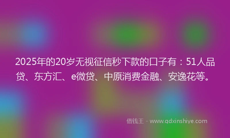 2025年的20岁无视征信秒下款的口子有：51人品贷、东方汇、e微贷、中原消费金融、安逸花等。
