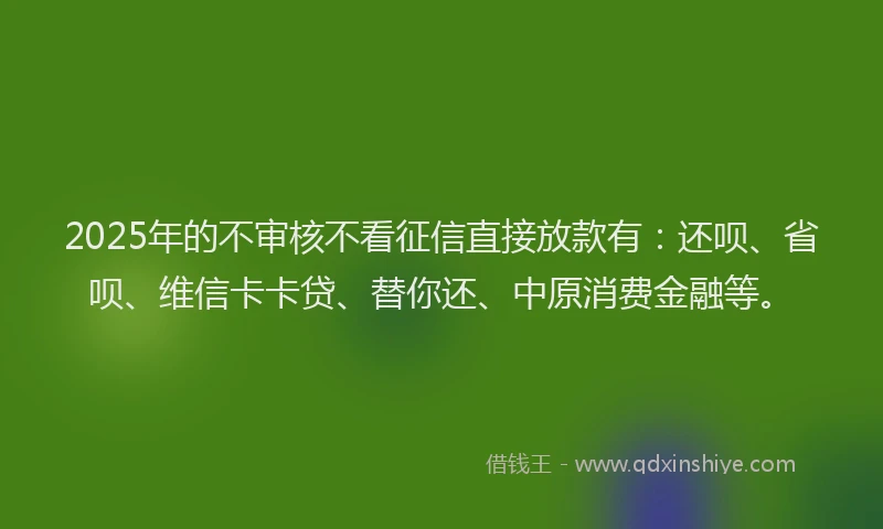 2025年的不审核不看征信直接放款有：还呗、省呗、维信卡卡贷、替你还、中原消费金融等。