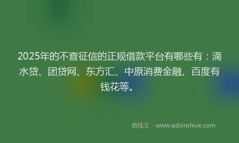 2025年的不查征信的正规借款平台有哪些有：滴水贷、团贷网、东方汇、中原消费金融、百度有钱花等。