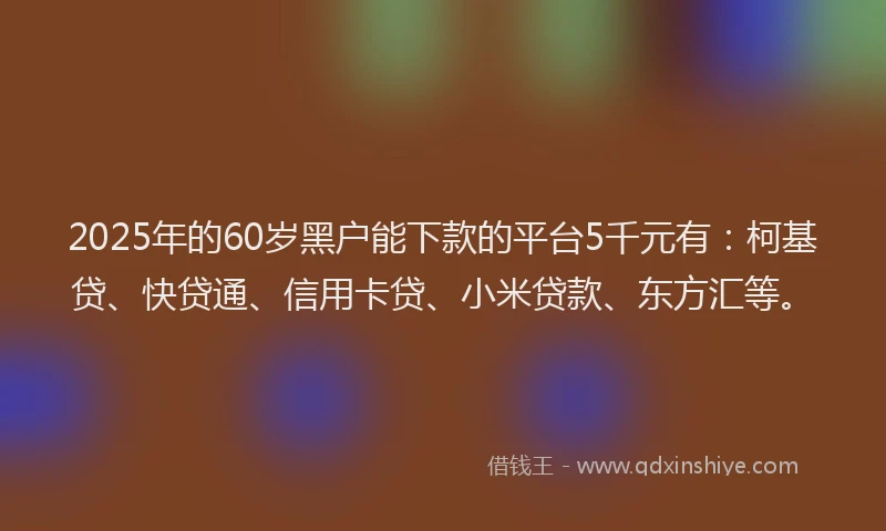 2025年的60岁黑户能下款的平台5千元有：柯基贷、快贷通、信用卡贷、小米贷款、东方汇等。
