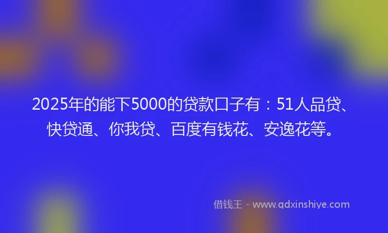 2025年的能下5000的贷款口子有：51人品贷、快贷通、你我贷、百度有钱花、安逸花等。