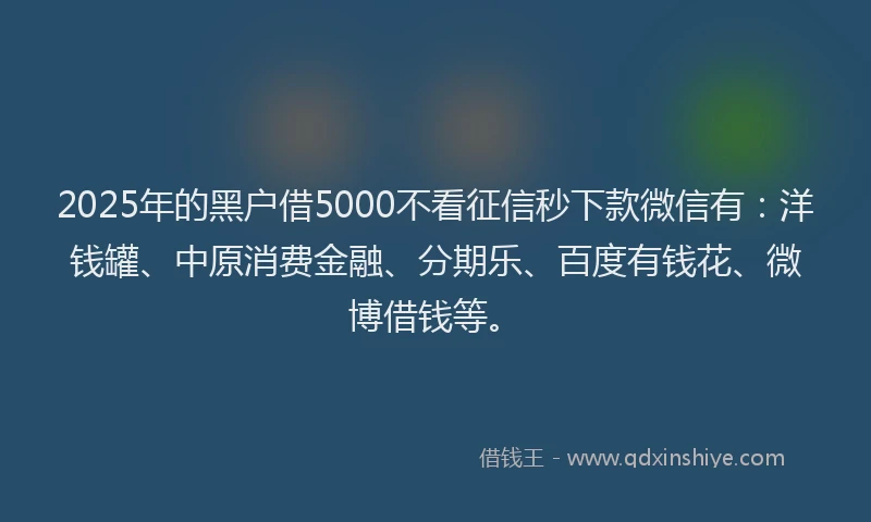 2025年的黑户借5000不看征信秒下款微信有：洋钱罐、中原消费金融、分期乐、百度有钱花、微博借钱等。