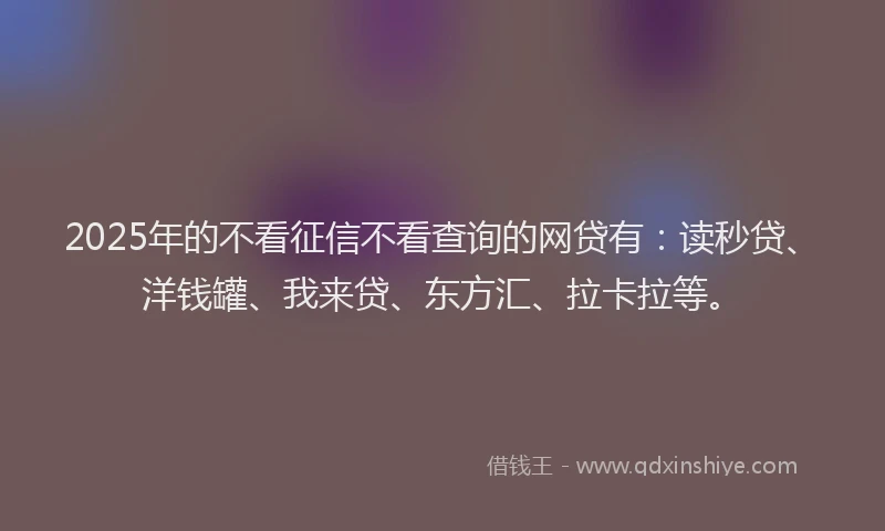 2025年的不看征信不看查询的网贷有：读秒贷、洋钱罐、我来贷、东方汇、拉卡拉等。