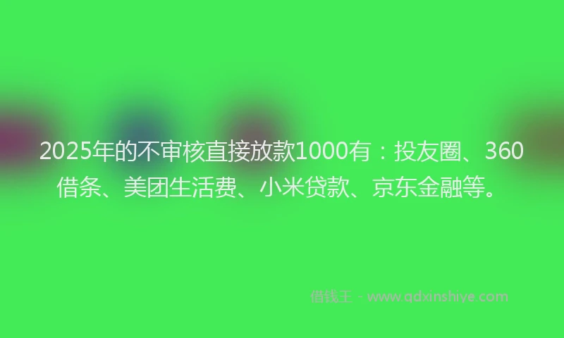 2025年的不审核直接放款1000有：投友圈、360借条、美团生活费、小米贷款、京东金融等。
