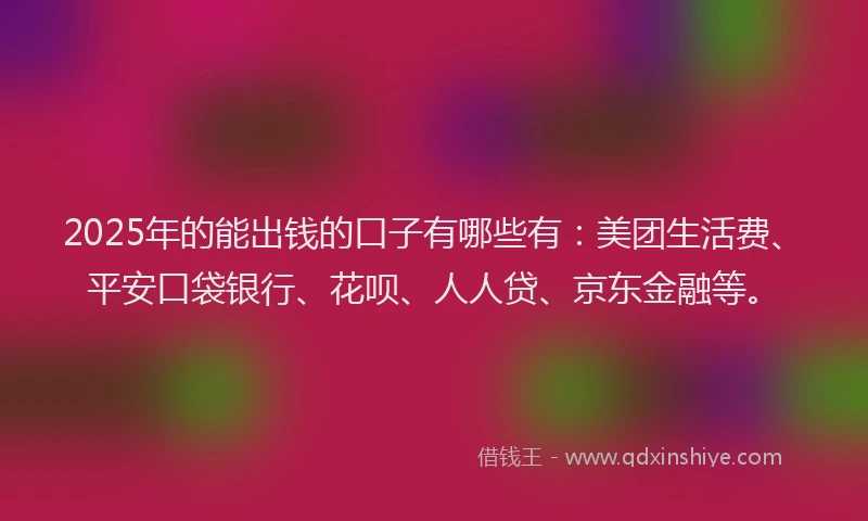 2025年的能出钱的口子有哪些有：美团生活费、平安口袋银行、花呗、人人贷、京东金融等。