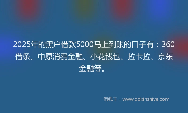 2025年的黑户借款5000马上到账的口子有：360借条、中原消费金融、小花钱包、拉卡拉、京东金融等。
