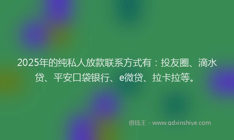 2025年的纯私人放款联系方式有：投友圈、滴水贷、平安口袋银行、e微贷、拉卡拉等。