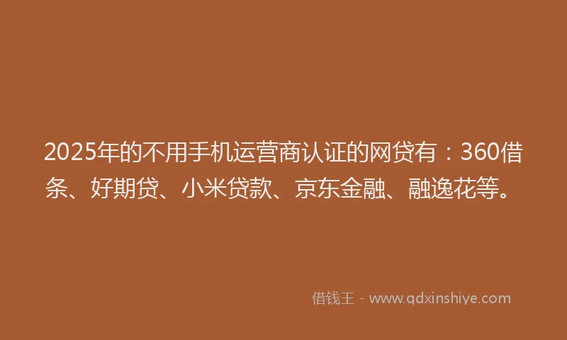 2025年的不用手机运营商认证的网贷有：360借条、好期贷、小米贷款、京东金融、融逸花等。