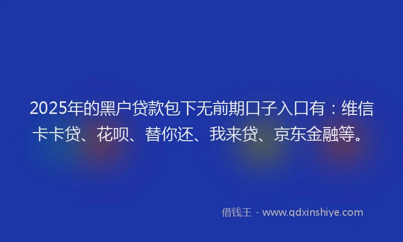 2025年的黑户贷款包下无前期口子入口有：维信卡卡贷、花呗、替你还、我来贷、京东金融等。