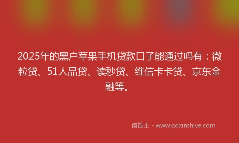 2025年的黑户苹果手机贷款口子能通过吗有：微粒贷、51人品贷、读秒贷、维信卡卡贷、京东金融等。