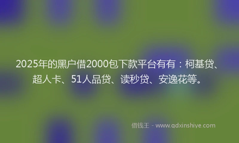 2025年的黑户借2000包下款平台有有：柯基贷、超人卡、51人品贷、读秒贷、安逸花等。