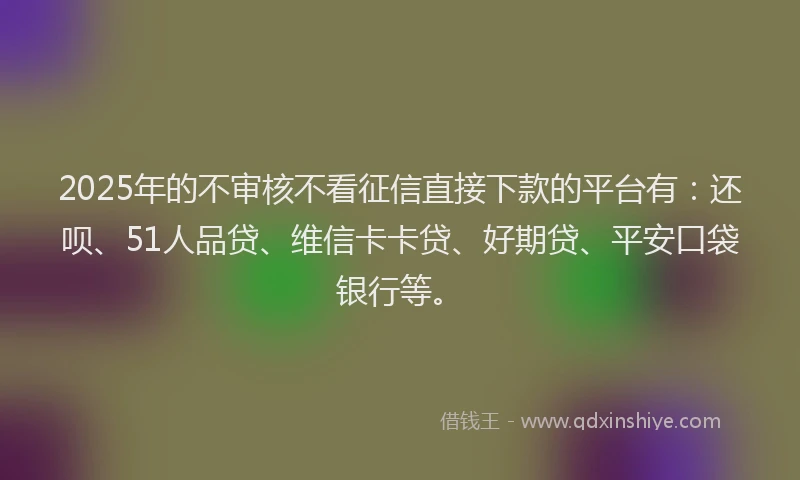 2025年的不审核不看征信直接下款的平台有：还呗、51人品贷、维信卡卡贷、好期贷、平安口袋银行等。