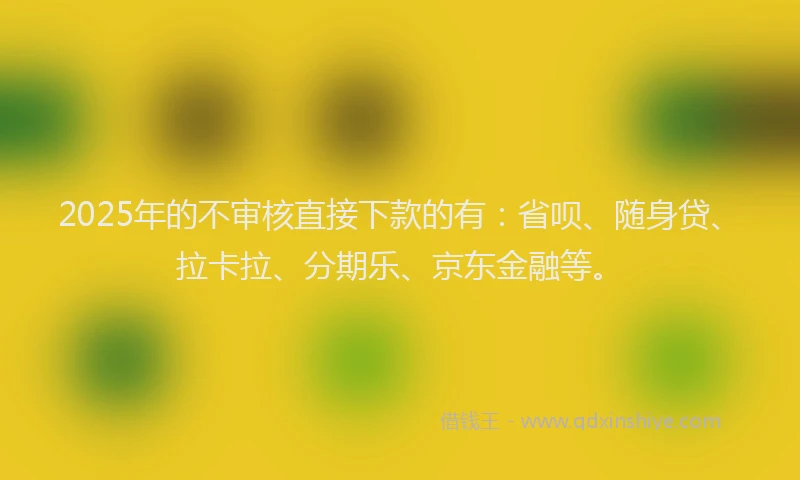 2025年的不审核直接下款的有：省呗、随身贷、拉卡拉、分期乐、京东金融等。