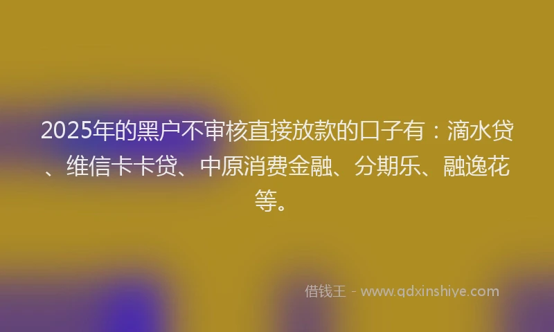 2025年的黑户不审核直接放款的口子有：滴水贷、维信卡卡贷、中原消费金融、分期乐、融逸花等。