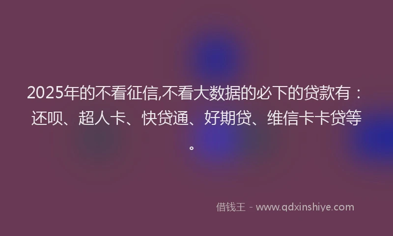 2025年的不看征信,不看大数据的必下的贷款有：还呗、超人卡、快贷通、好期贷、维信卡卡贷等。
