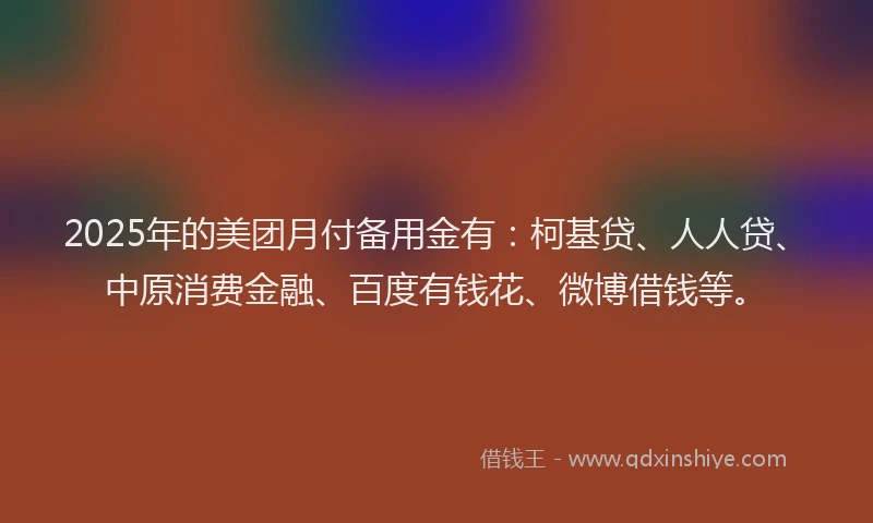2025年的美团月付备用金有：柯基贷、人人贷、中原消费金融、百度有钱花、微博借钱等。