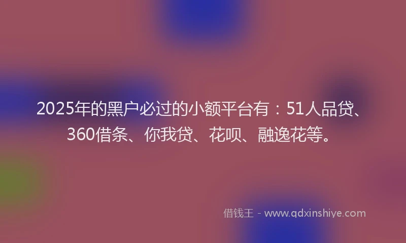 2025年的黑户必过的小额平台有：51人品贷、360借条、你我贷、花呗、融逸花等。