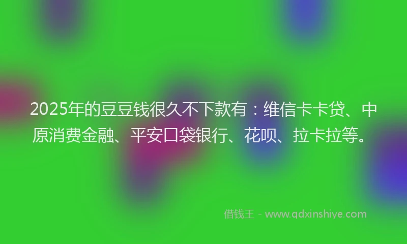 2025年的豆豆钱很久不下款有：维信卡卡贷、中原消费金融、平安口袋银行、花呗、拉卡拉等。