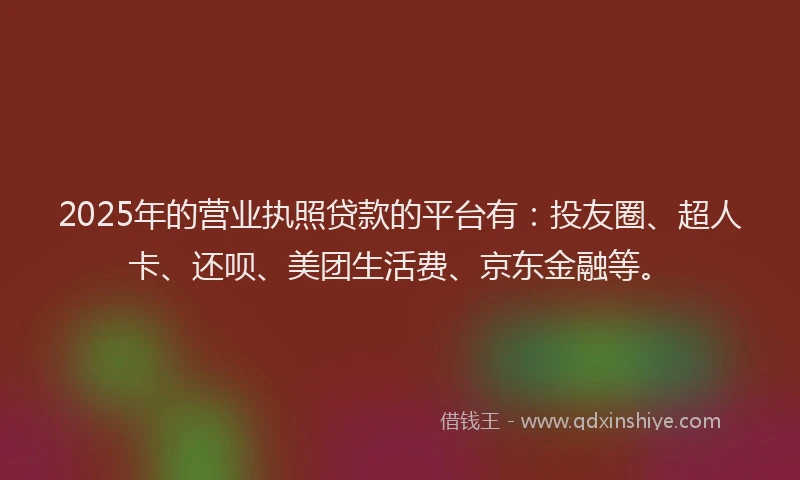 2025年的营业执照贷款的平台有：投友圈、超人卡、还呗、美团生活费、京东金融等。