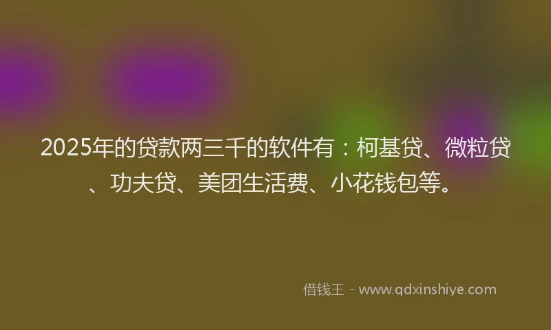 2025年的贷款两三千的软件有：柯基贷、微粒贷、功夫贷、美团生活费、小花钱包等。