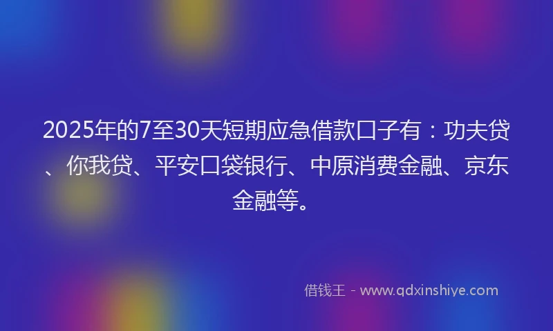 2025年的7至30天短期应急借款口子有：功夫贷、你我贷、平安口袋银行、中原消费金融、京东金融等。