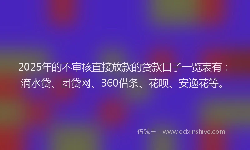 2025年的不审核直接放款的贷款口子一览表有：滴水贷、团贷网、360借条、花呗、安逸花等。