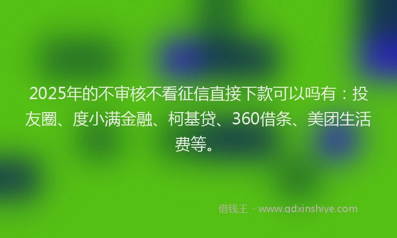 2025年的不审核不看征信直接下款可以吗有：投友圈、度小满金融、柯基贷、360借条、美团生活费等。