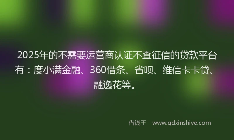 2025年的不需要运营商认证不查征信的贷款平台有：度小满金融、360借条、省呗、维信卡卡贷、融逸花等。