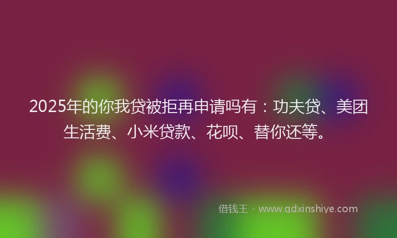 2025年的你我贷被拒再申请吗有：功夫贷、美团生活费、小米贷款、花呗、替你还等。