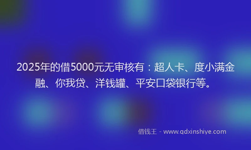 2025年的借5000元无审核有：超人卡、度小满金融、你我贷、洋钱罐、平安口袋银行等。