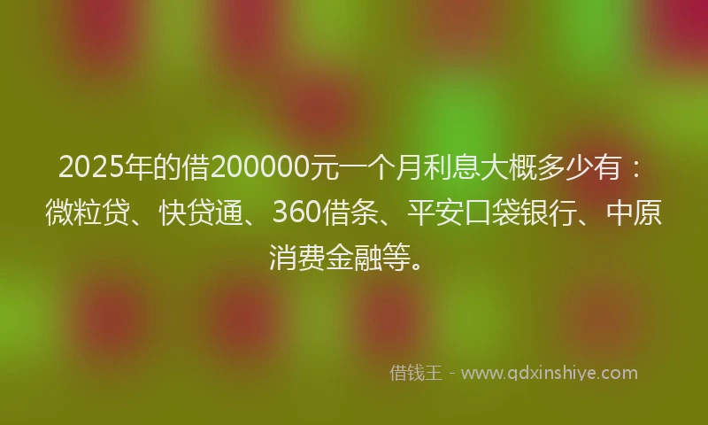 2025年的借200000元一个月利息大概多少有：微粒贷、快贷通、360借条、平安口袋银行、中原消费金融等。
