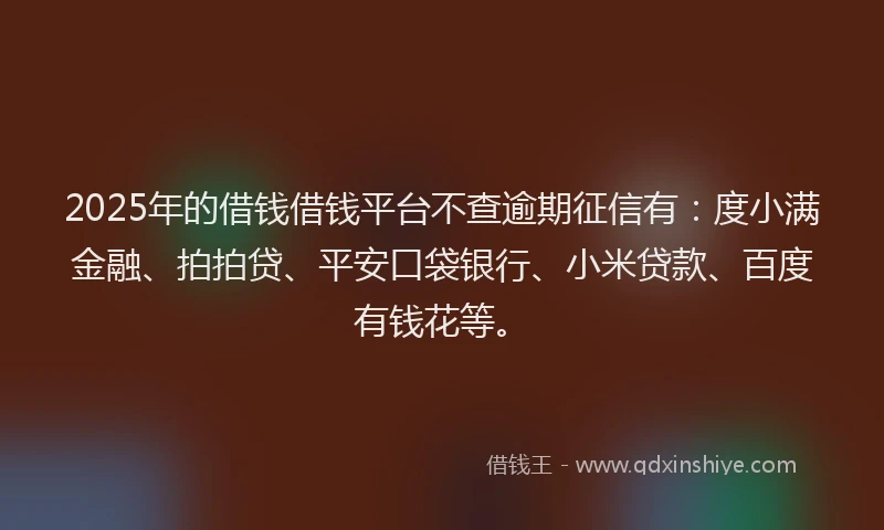2025年的借钱借钱平台不查逾期征信有：度小满金融、拍拍贷、平安口袋银行、小米贷款、百度有钱花等。
