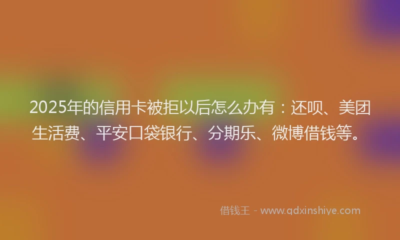 2025年的信用卡被拒以后怎么办有：还呗、美团生活费、平安口袋银行、分期乐、微博借钱等。