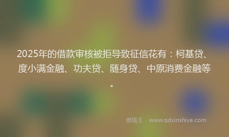 2025年的借款审核被拒导致征信花有：柯基贷、度小满金融、功夫贷、随身贷、中原消费金融等。
