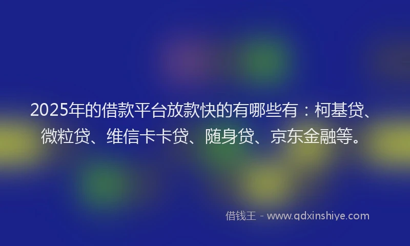 2025年的借款平台放款快的有哪些有：柯基贷、微粒贷、维信卡卡贷、随身贷、京东金融等。