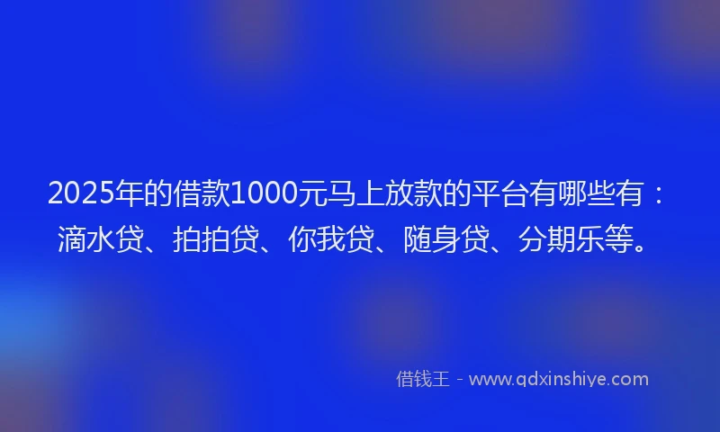 2025年的借款1000元马上放款的平台有哪些有：滴水贷、拍拍贷、你我贷、随身贷、分期乐等。