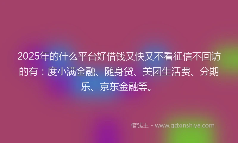 2025年的什么平台好借钱又快又不看征信不回访的有：度小满金融、随身贷、美团生活费、分期乐、京东金融等。