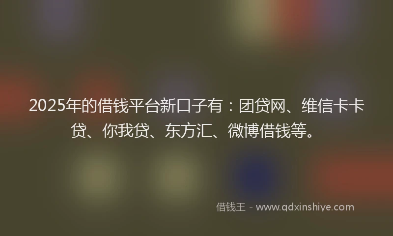 2025年的借钱平台新口子有：团贷网、维信卡卡贷、你我贷、东方汇、微博借钱等。
