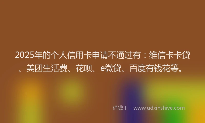 2025年的个人信用卡申请不通过有：维信卡卡贷、美团生活费、花呗、e微贷、百度有钱花等。