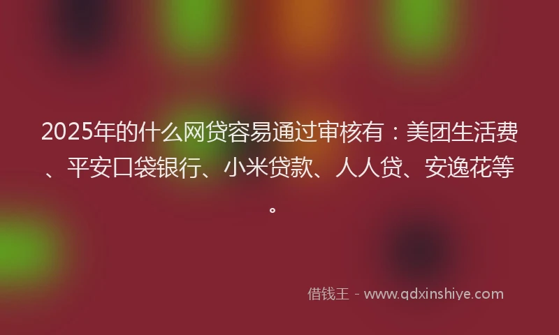 2025年的什么网贷容易通过审核有：美团生活费、平安口袋银行、小米贷款、人人贷、安逸花等。