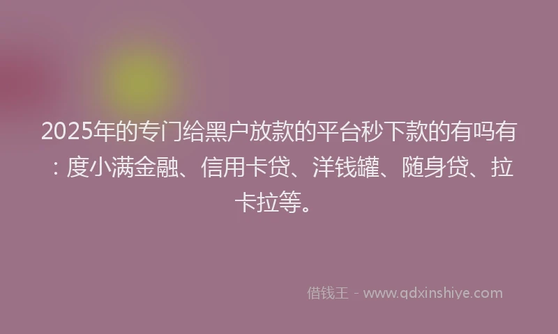 2025年的专门给黑户放款的平台秒下款的有吗有：度小满金融、信用卡贷、洋钱罐、随身贷、拉卡拉等。