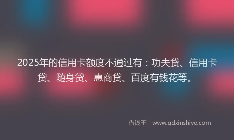 2025年的信用卡额度不通过有：功夫贷、信用卡贷、随身贷、惠商贷、百度有钱花等。