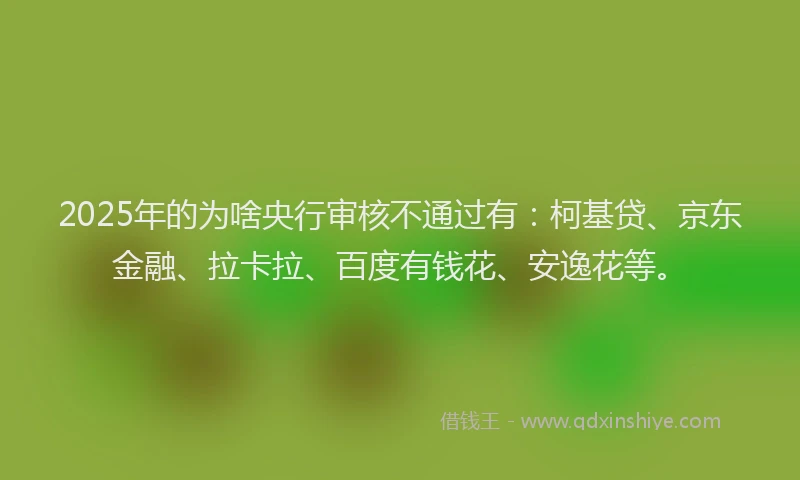 2025年的为啥央行审核不通过有：柯基贷、京东金融、拉卡拉、百度有钱花、安逸花等。
