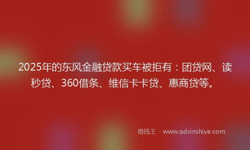 2025年的东风金融贷款买车被拒有：团贷网、读秒贷、360借条、维信卡卡贷、惠商贷等。