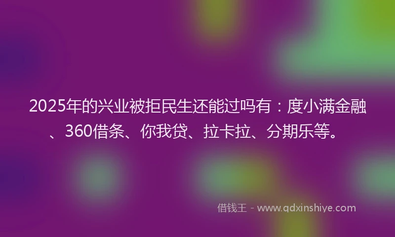2025年的兴业被拒民生还能过吗有：度小满金融、360借条、你我贷、拉卡拉、分期乐等。