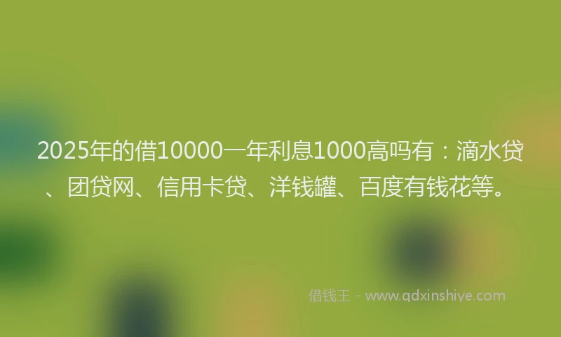 2025年的借10000一年利息1000高吗有：滴水贷、团贷网、信用卡贷、洋钱罐、百度有钱花等。